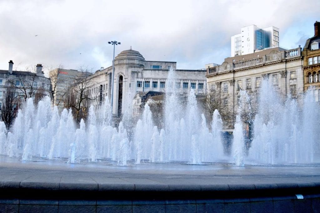 A water fountain in Piccadilly Gardens in Manchester. 