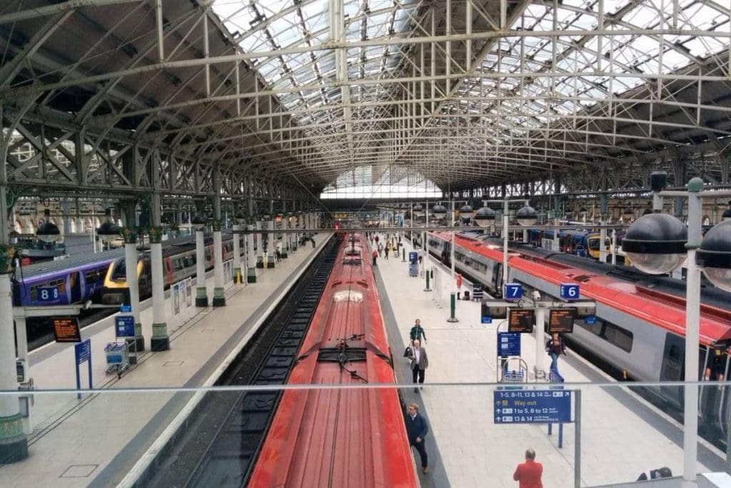 View of Manchester Piccadilly station from above platforms seven and six.