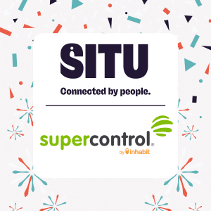 Situ logo and SuperControl logo surrounded by blue and coral confetti on a light pink background