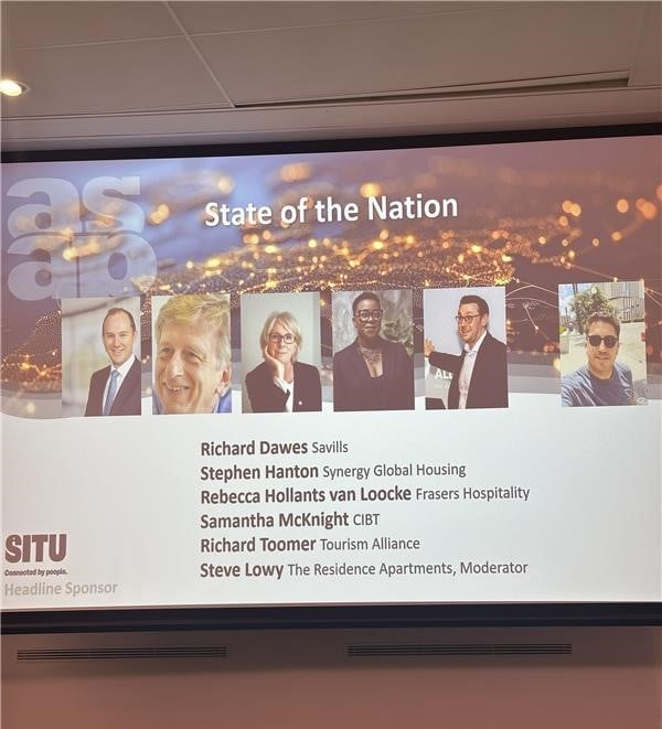 Photo showing separate photos of professionals on a panel with the title 'State of the Nation' at the Association of Serviced Apartment Providers Annual Conference, 2024